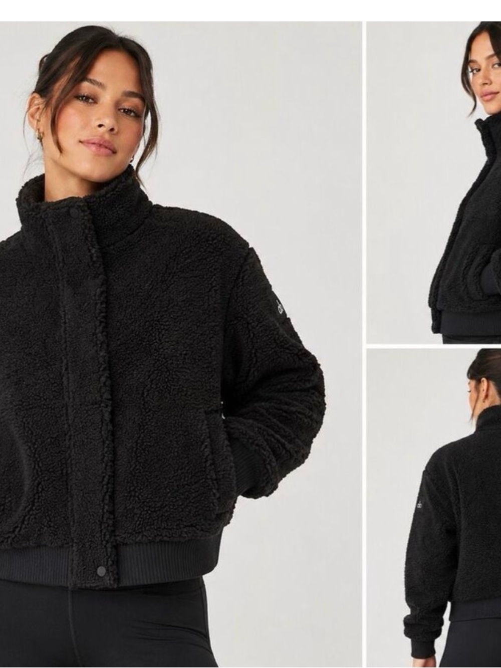 ALO Yoga Black Varsity Teddy Sherpa Zip Jacket